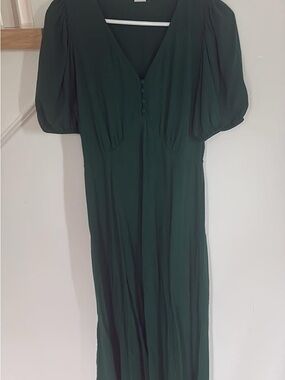 GAP Dark Green Midi Dress with Puff Sleeves